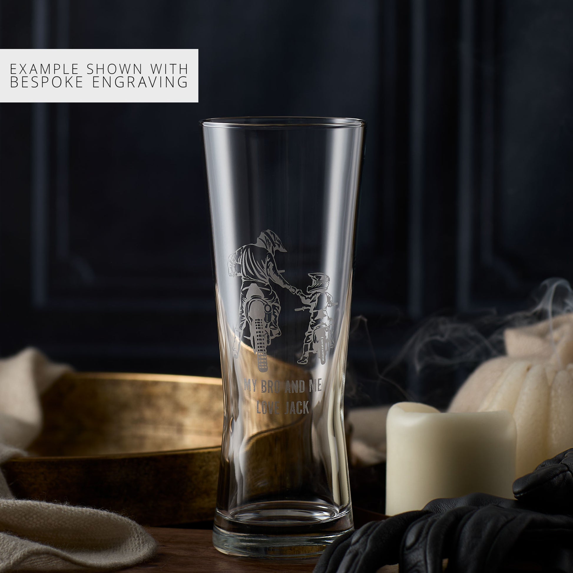 personalised pint glass engraved with two figures riding motobikes