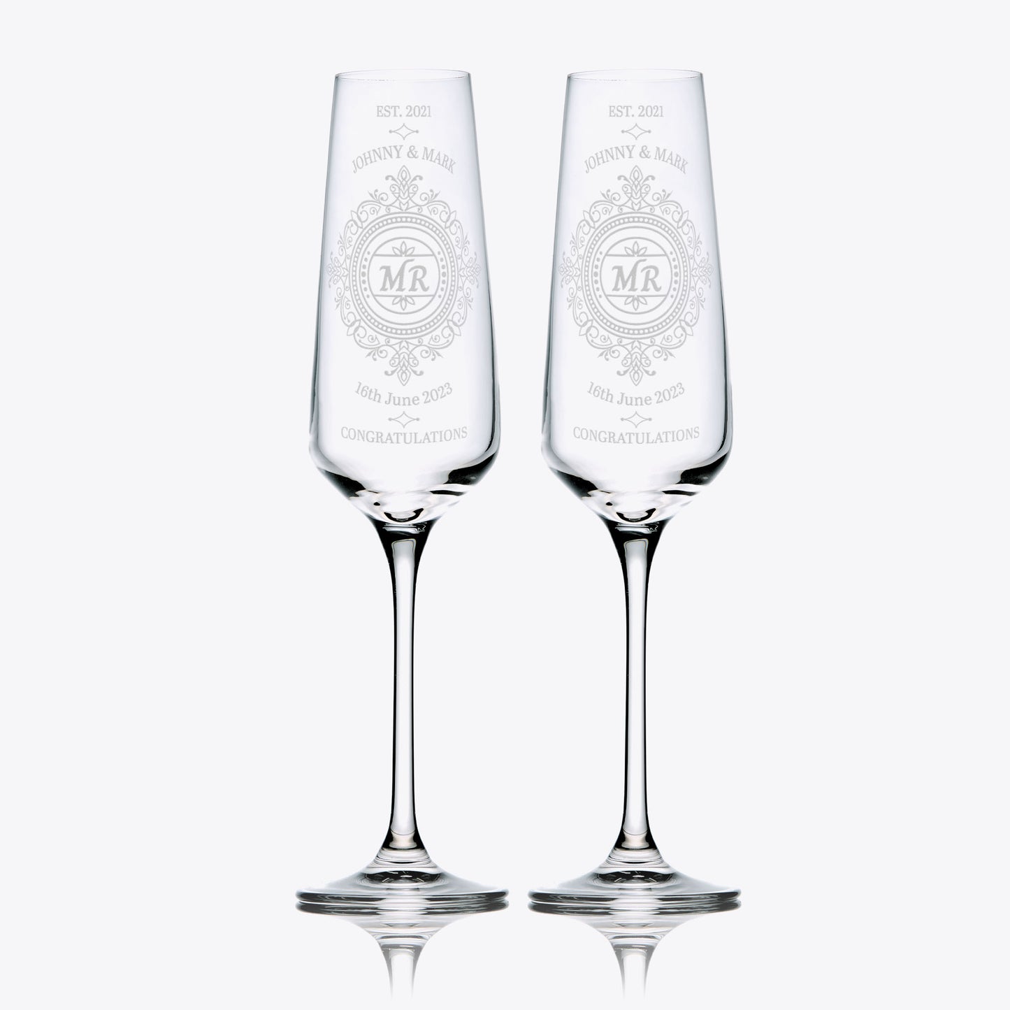 Custom wedding flutes for two grooms – Mr and Mr with wedding date