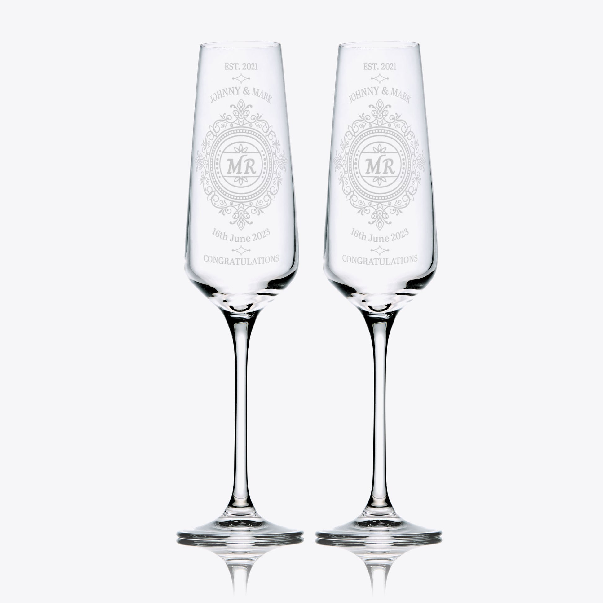Custom wedding flutes for two grooms – Mr and Mr with wedding date