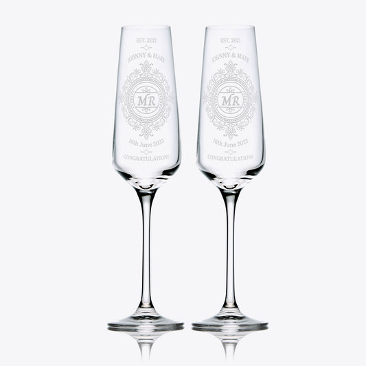 Custom wedding flutes for two grooms – Mr and Mr with wedding date
