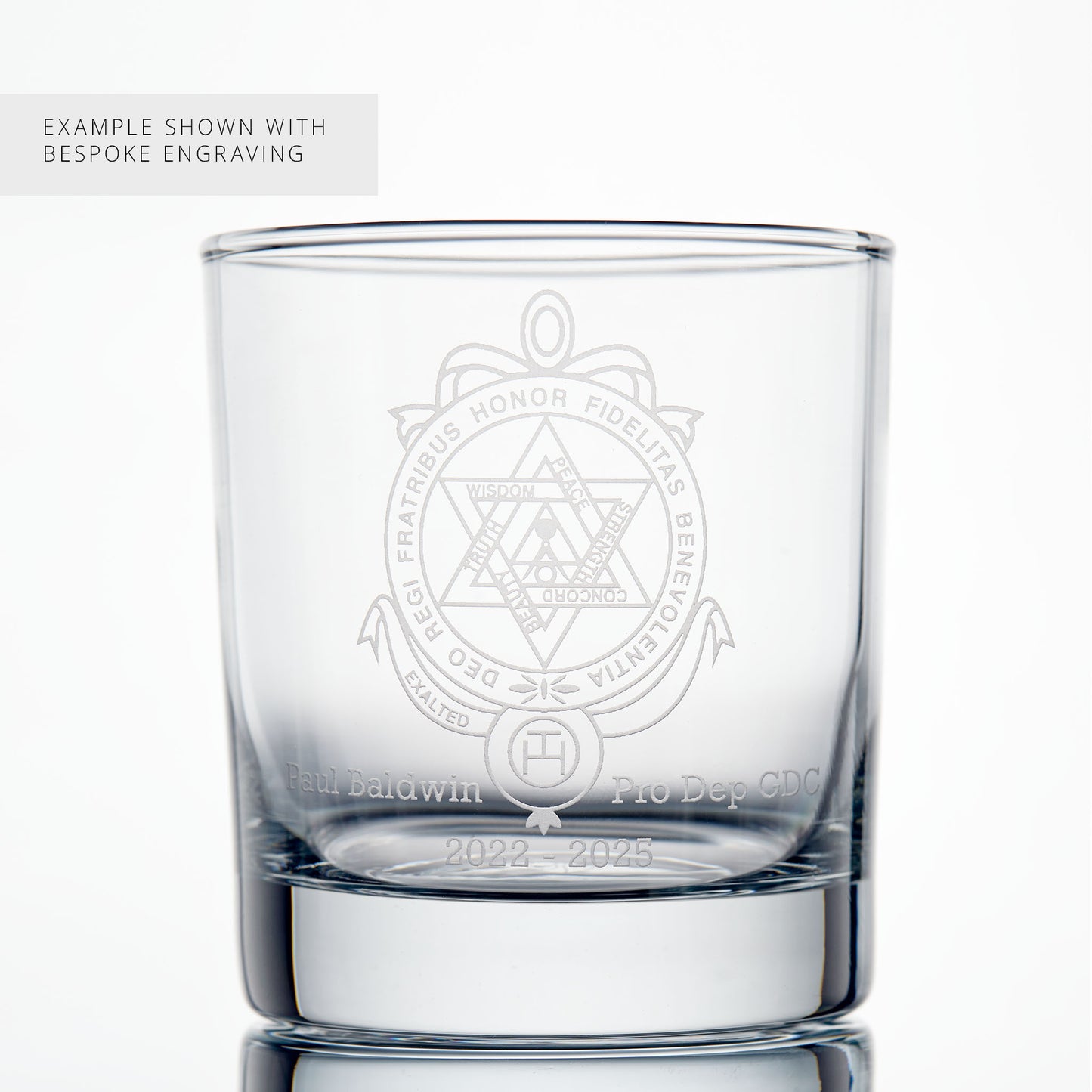 English Cotsitution Masonic Whisky Glass engraved with a Royal Arch Breast Jewel and personalised message