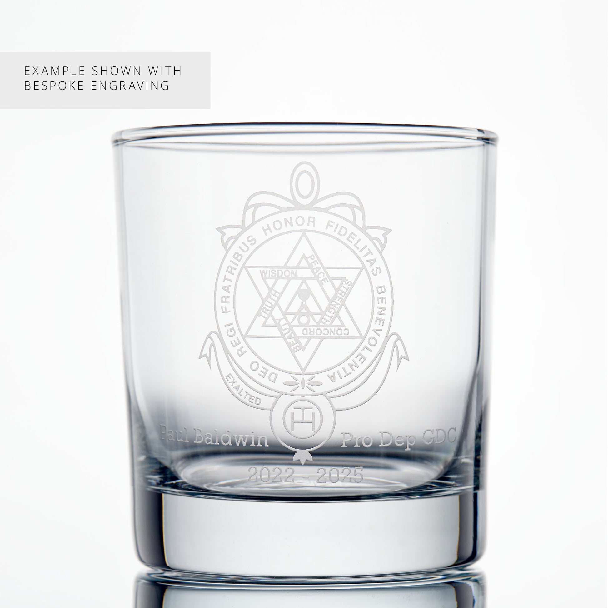 English Cotsitution Masonic Whisky Glass engraved with a Royal Arch Breast Jewel and personalised message