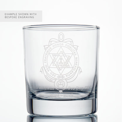 English Cotsitution Masonic Whisky Glass engraved with a Royal Arch Breast Jewel and personalised message