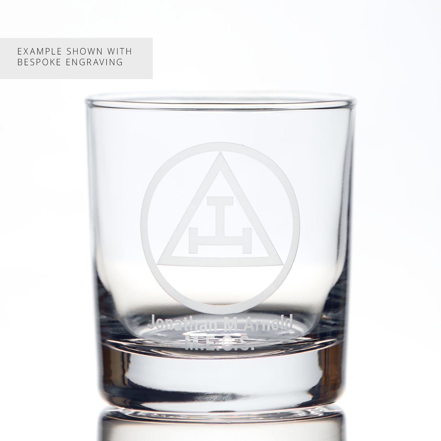 Masonic whisky glass engraved with the Triple Tau symbol and personalised with name and initials