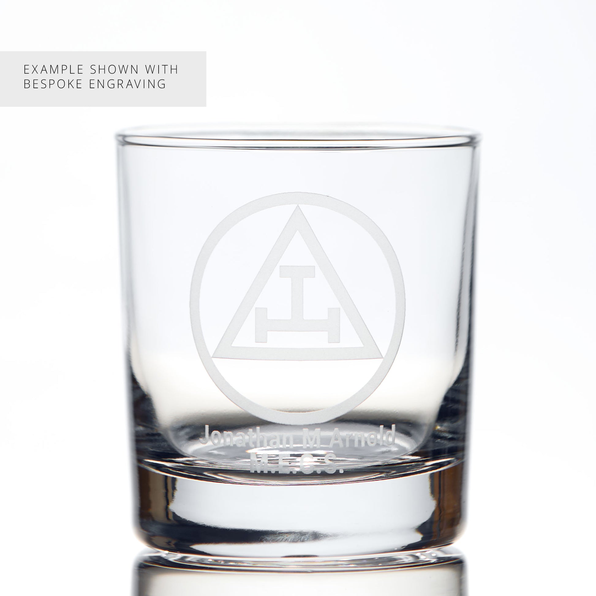 Masonic whisky glass engraved with the Triple Tau symbol and personalised with name and initials