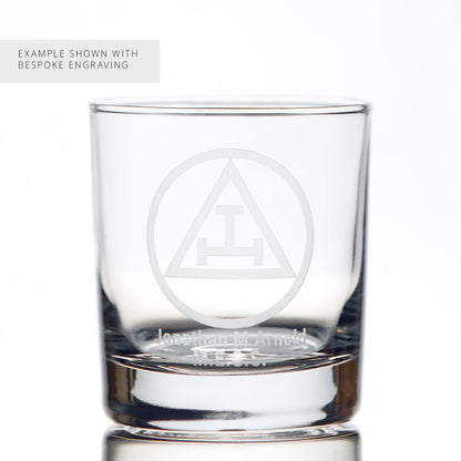 Masonic whisky glass engraved with the Triple Tau symbol and personalised with name and initials