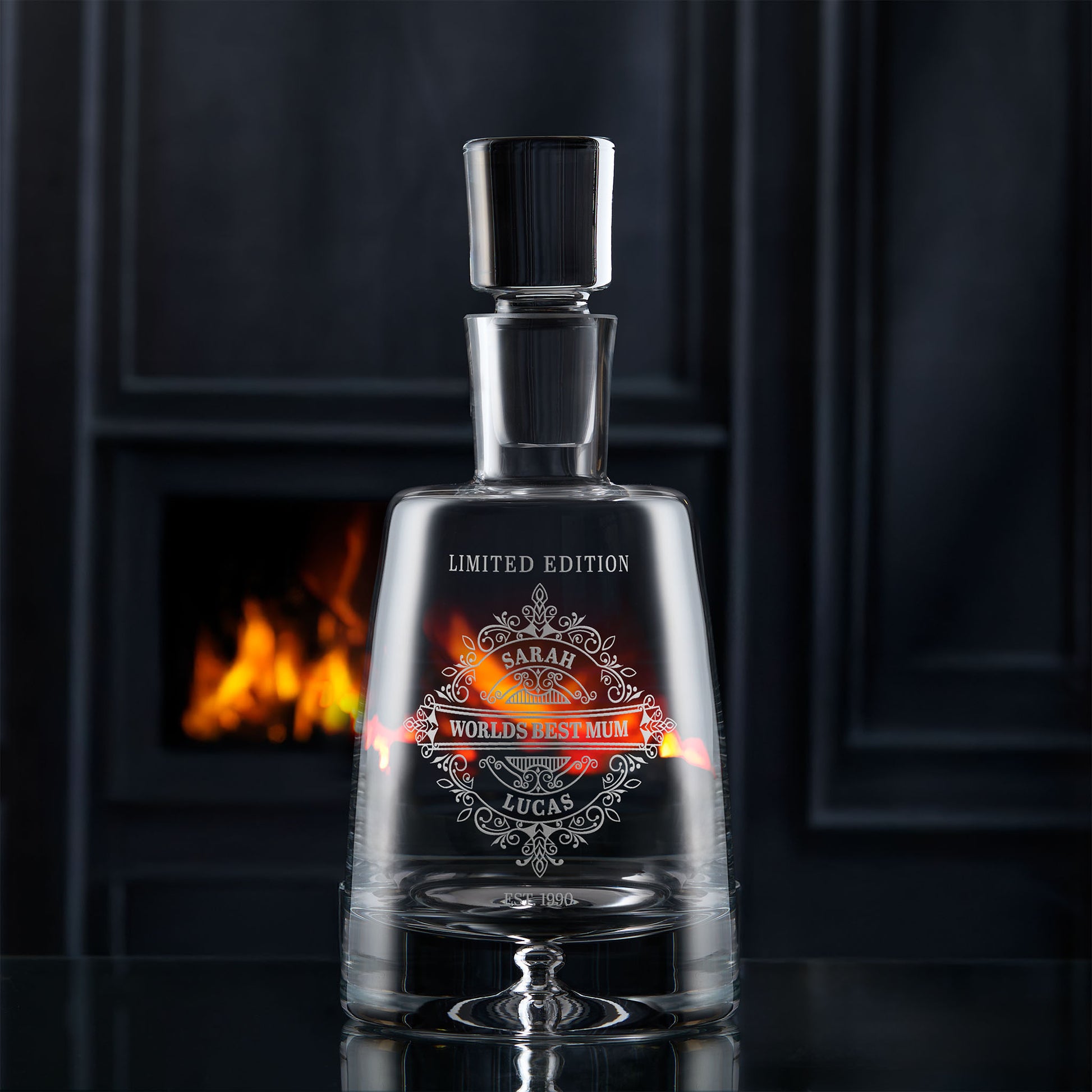Handmade personalised decanter engraved with an intricate floral design and special message