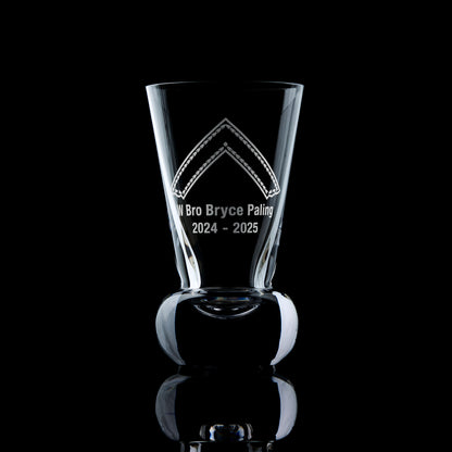 Personalised Worshipful Master collar jewel firing glass – engraved Masonic design on black backdrop