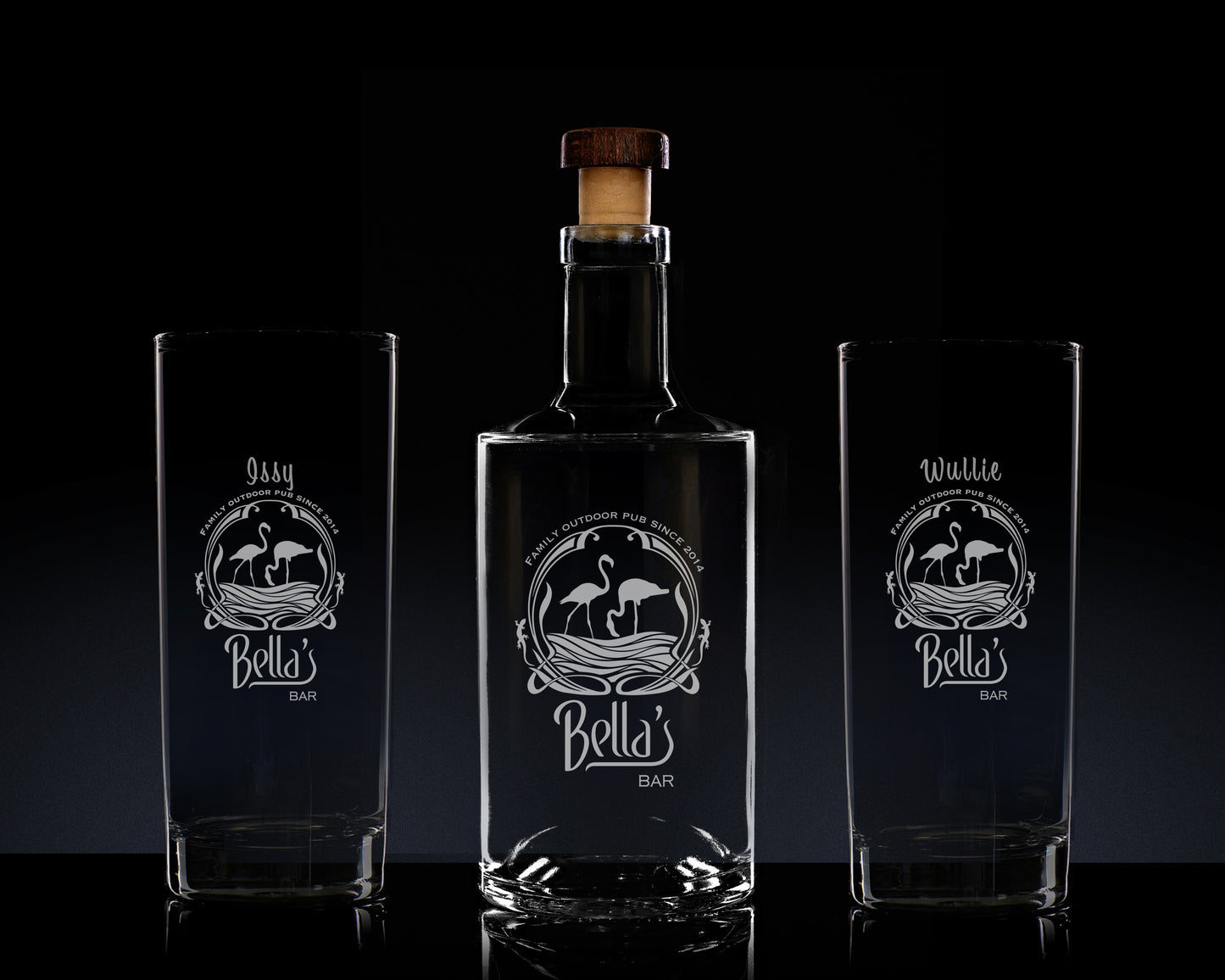 Bespoke Personalised Spirit Bottle & 2 Highball Glasses