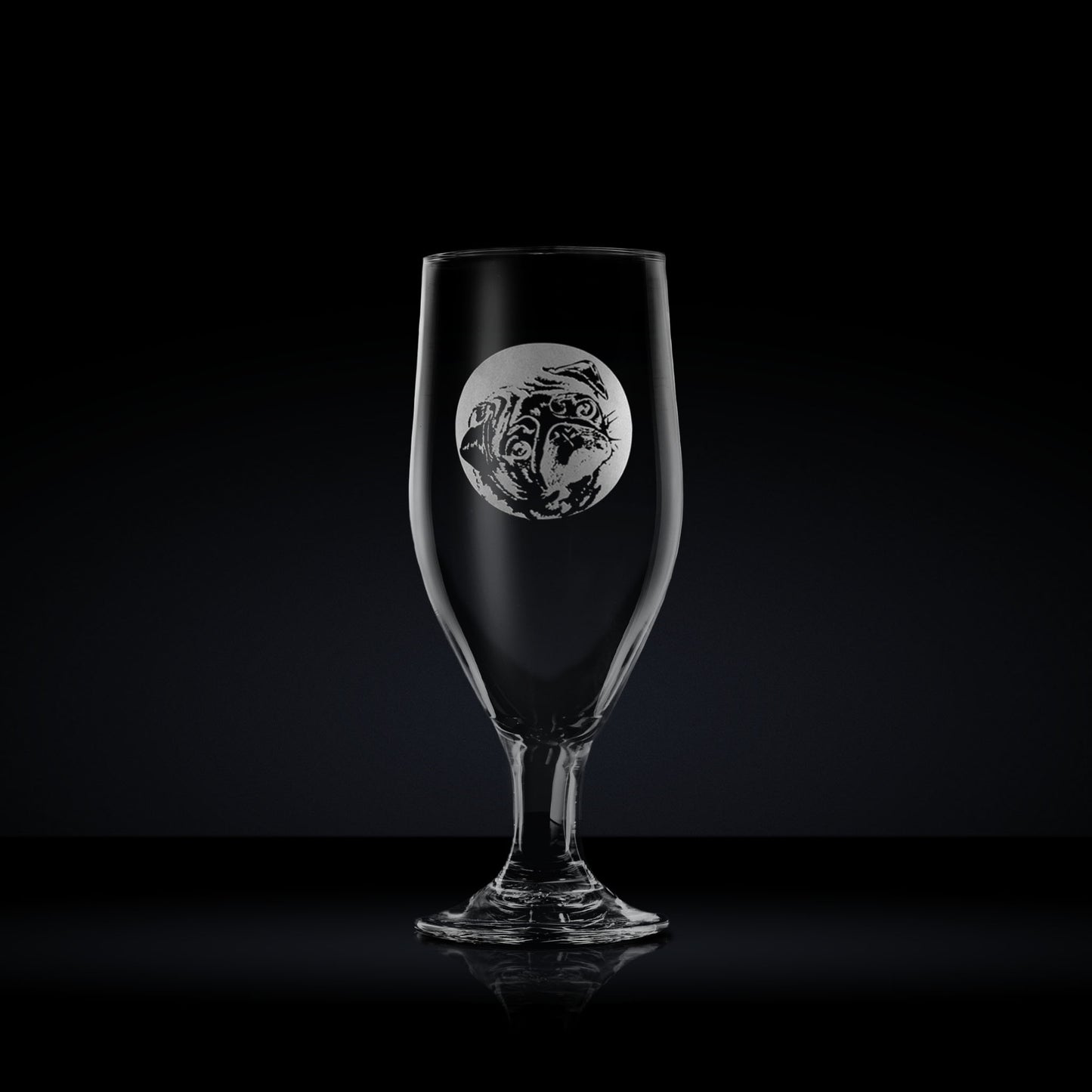 engraved chalice style stemmed beer glass etched with a portrait of pug dog