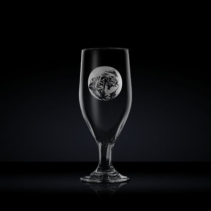 engraved chalice style stemmed beer glass etched with a portrait of pug dog