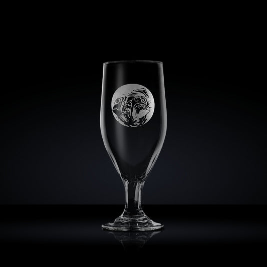 engraved chalice style stemmed beer glass etched with a portrait of pug dog