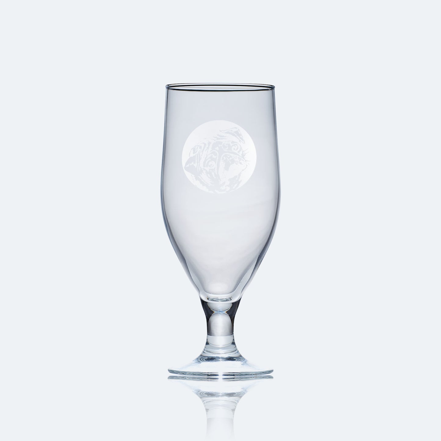 engraved chalice style stemmed beer glass etched with a portrait of pug dog