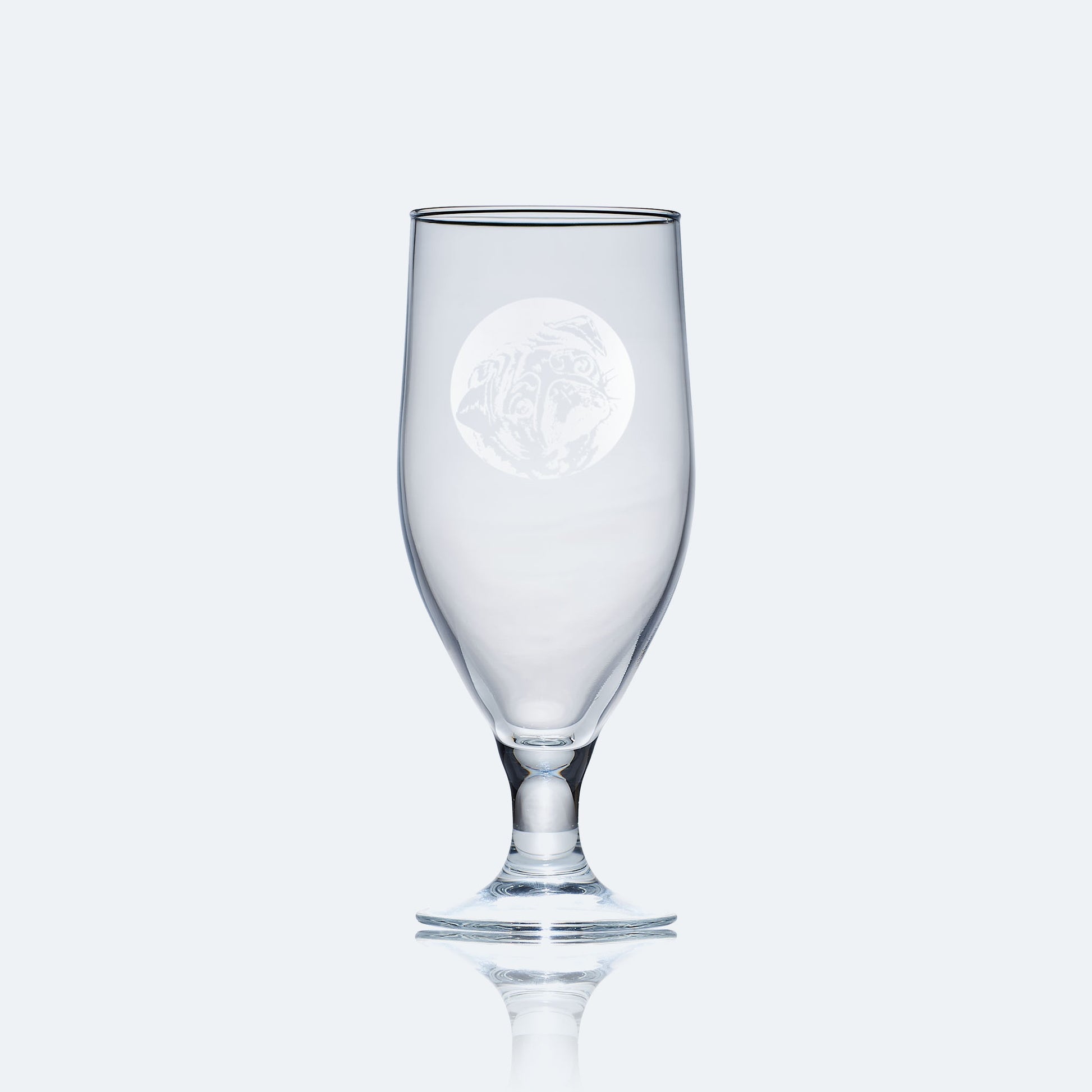 engraved chalice style stemmed beer glass etched with a portrait of pug dog