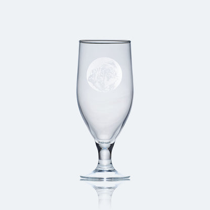 engraved chalice style stemmed beer glass etched with a portrait of pug dog