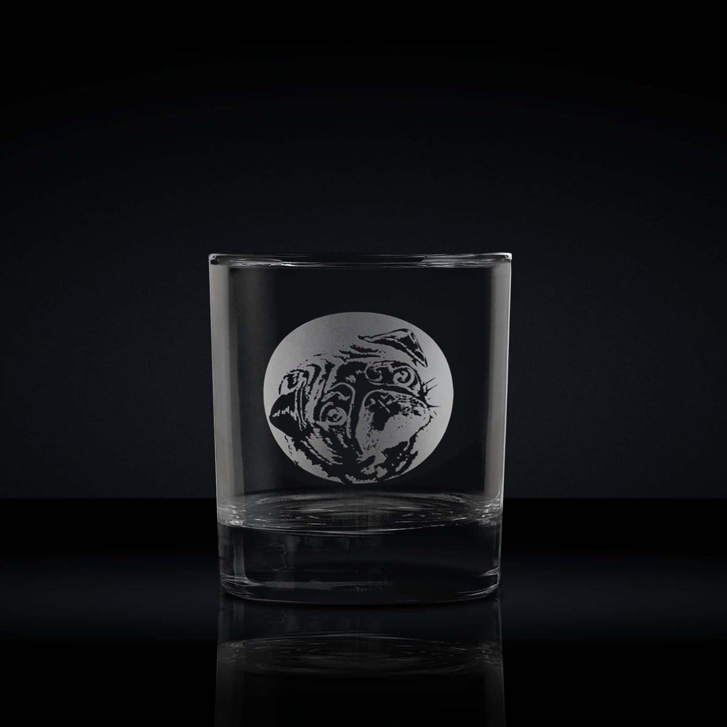 engraved whisky glass etched with a portrait of a pug dog