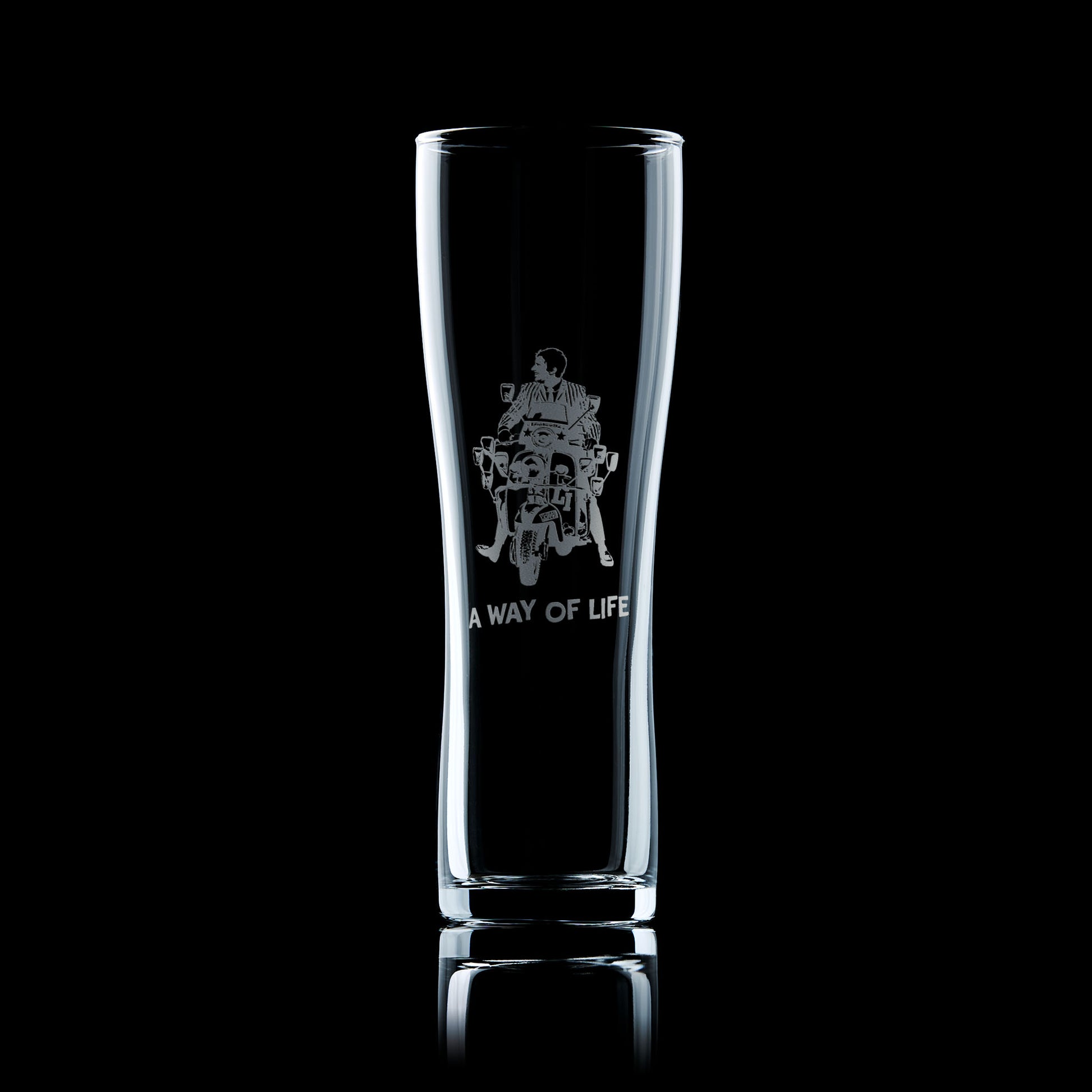 tall pint glass engraved with jimmy from quadrophenia on a lambretta Li scooter