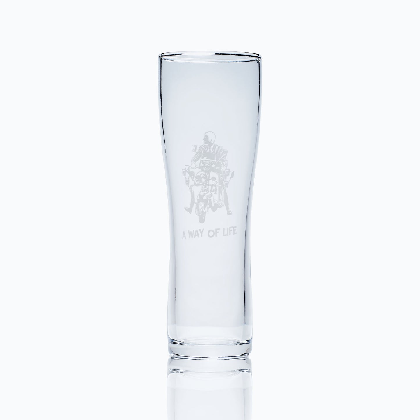 tall pint glass engraved with jimmy from quadrophenia on a lambretta Li scooter