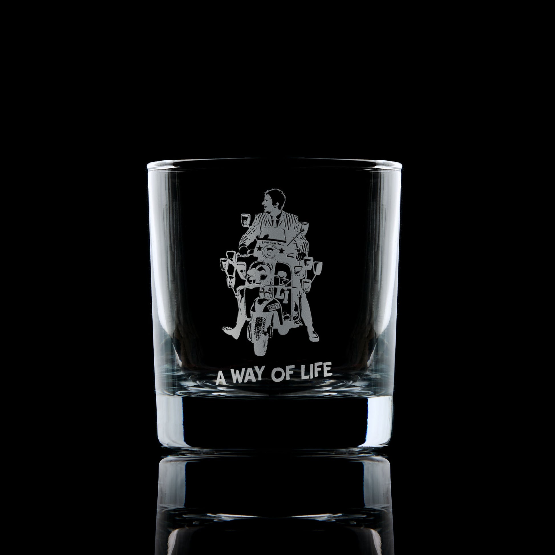 whisky tumbler engraved with Jimmy from quadrophenia on a scooter