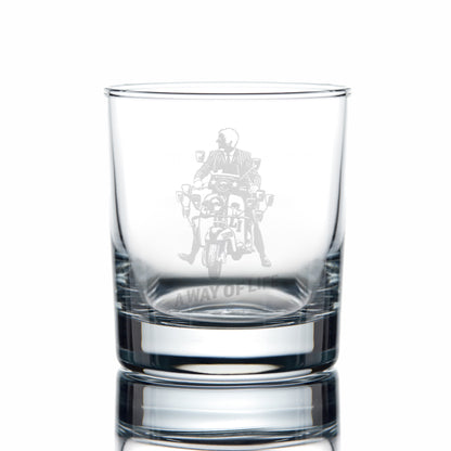 Clear glass with engraved design of Jimmy on his Lambretta Li and text, on a white background