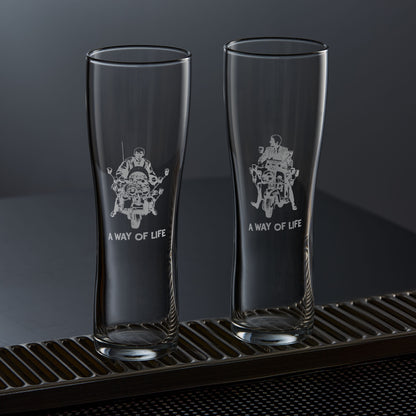 two tall pint glasses engraved with Jimmy from Quadrophenia on a scooter