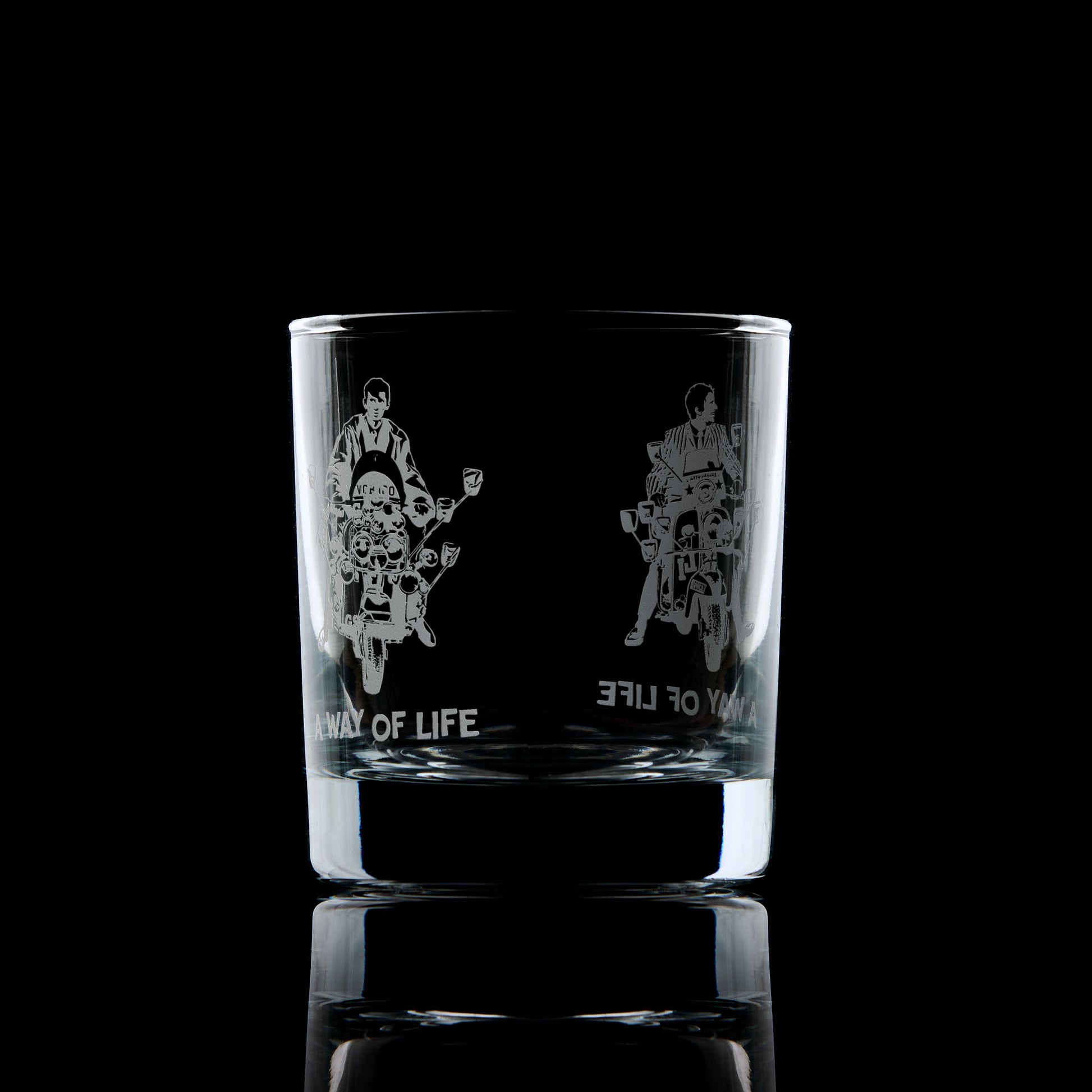 whisky tumbler engraved with Jimmy from quadrophenia on a scooter