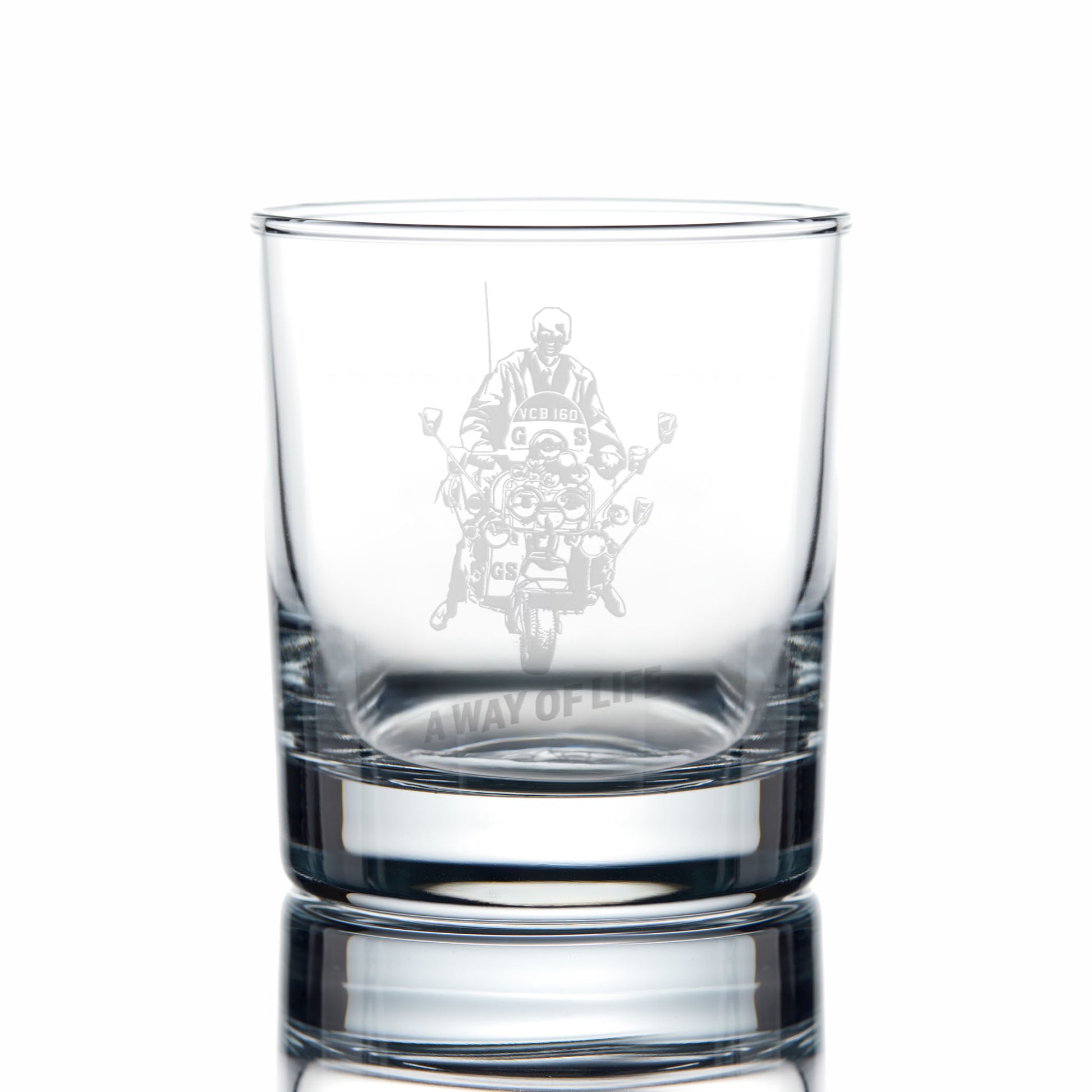 Rocks glass with an engraving of Jimmy from Quadrophenia on a white background