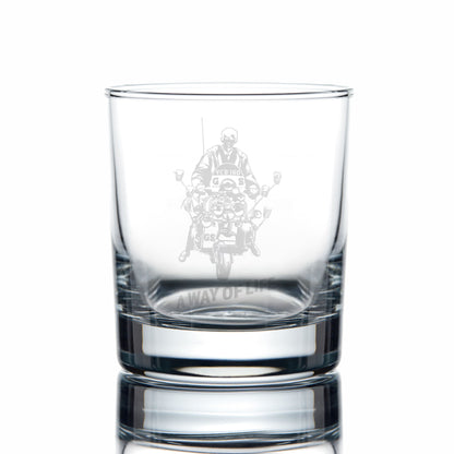 Rocks glass with an engraving of Jimmy from Quadrophenia on a white background