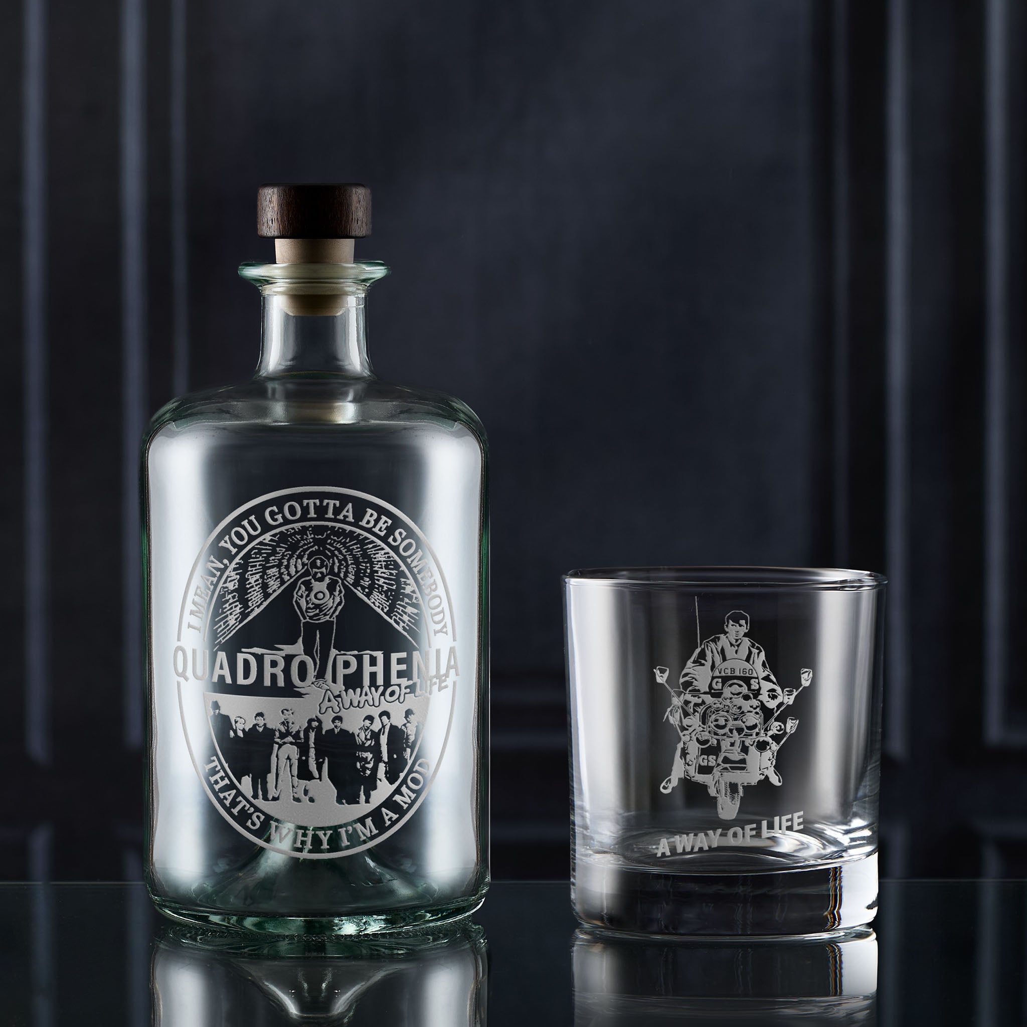 Mod decanter and whisky glass engraved with Jimmy from Quadrophenia with the words A Way of Life engraved below