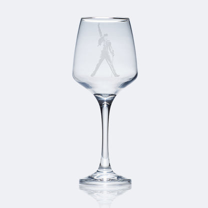 stemmed wine glass engraved with Queen's freddie mercury