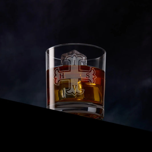 Engraved Red Cross of Constantine whisky glass with 1st Degree Breast Jewel on black background
