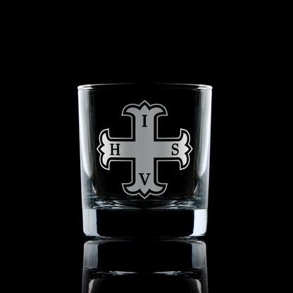 Engraved Red Cross of Constantine whisky glass with 1st Degree Breast Jewel on black background