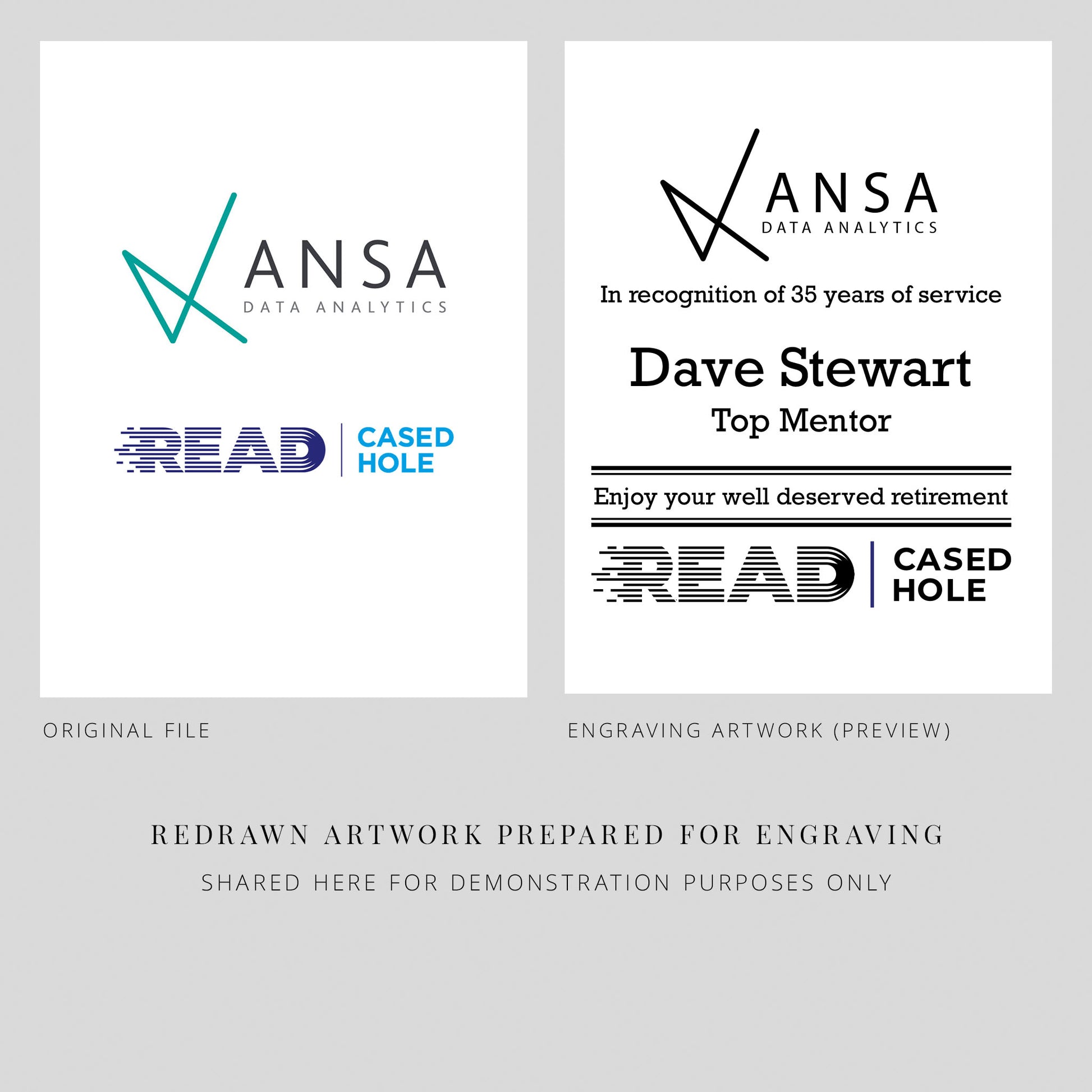 Two compay logos side by side, original and redrawn for glass engraving