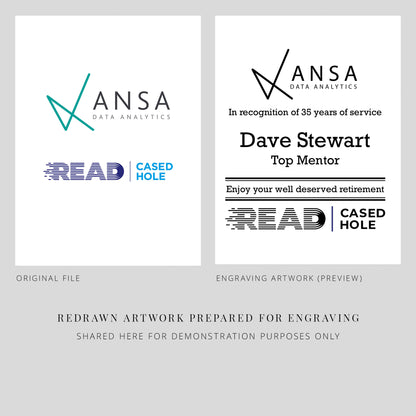 Two compay logos side by side, original and redrawn for glass engraving