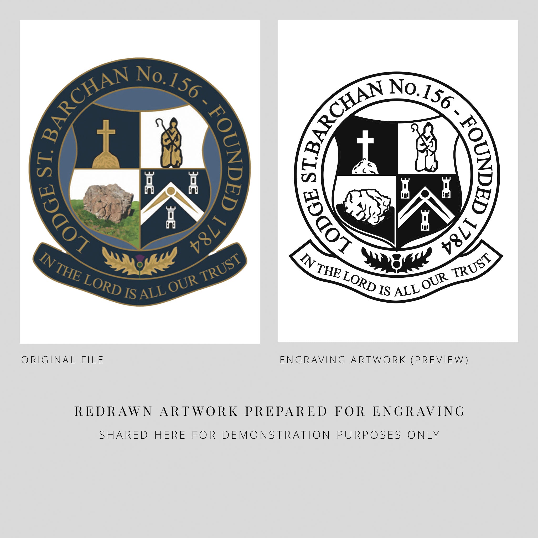 Two versions of a masonic lodge emblem, original file and engraving artwork, on a gray background.