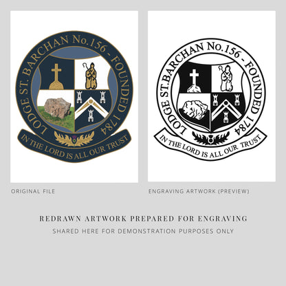 Two versions of a masonic lodge emblem, original file and engraving artwork, on a gray background.