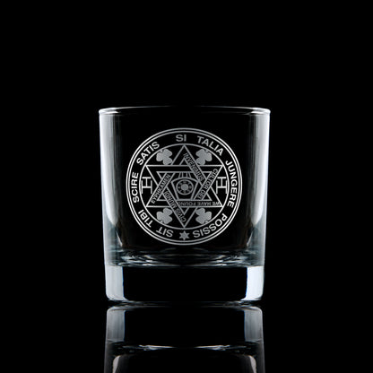 Engraved Royal Arch Breast Jewel whisky glass (Irish Constitution) on black background