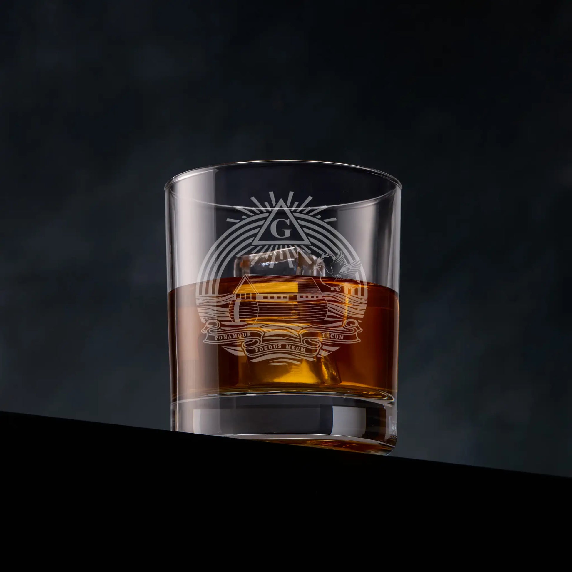 Masonic Whisky glass engraved with  Royal Ark Mariner shown on black background
