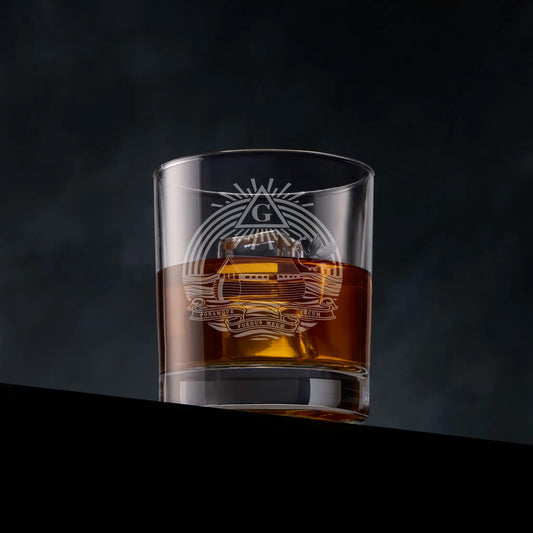 Masonic Whisky glass engraved with  Royal Ark Mariner shown on black background