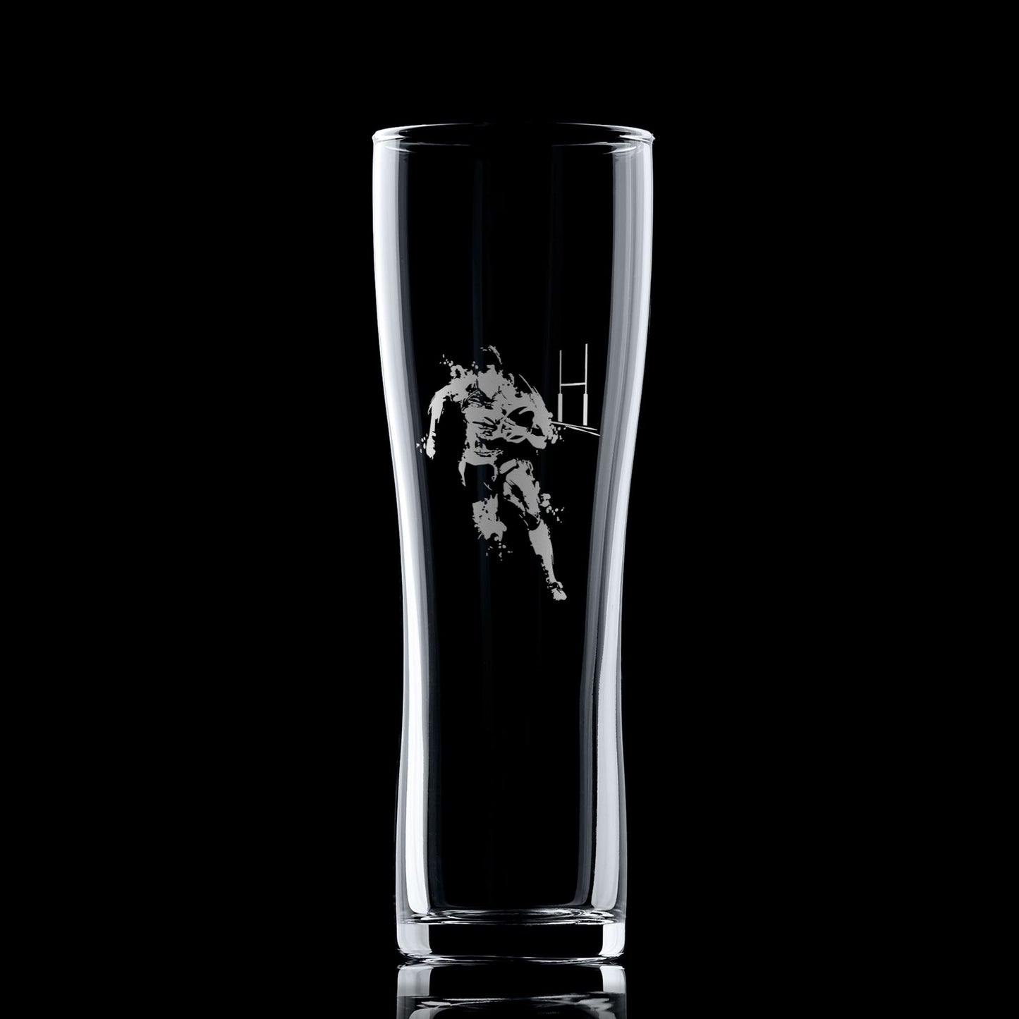 Clear glass with a black and white graphic of a rugby player on a black background