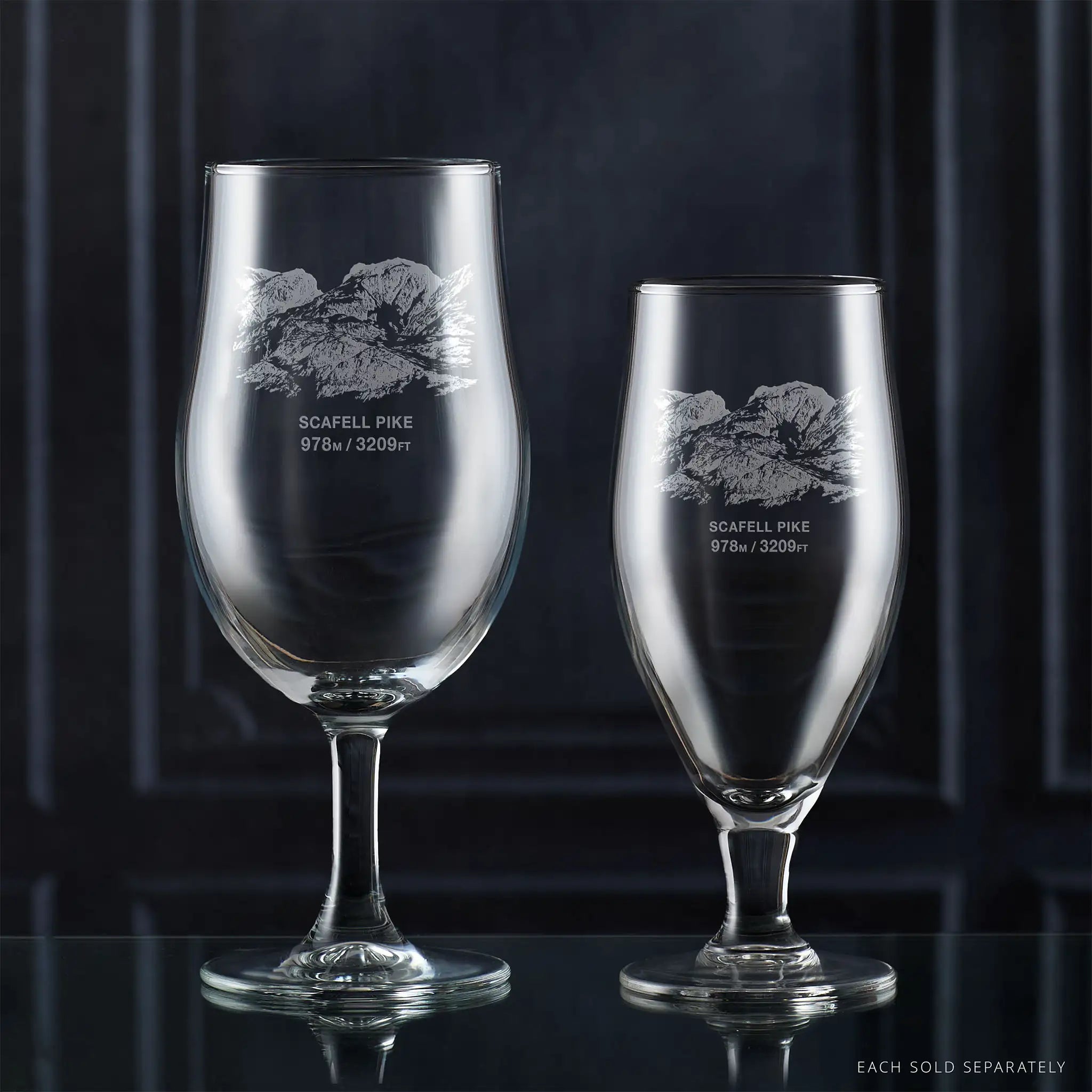 Stemmed beer glasses engraved with mountain Scafell Pike