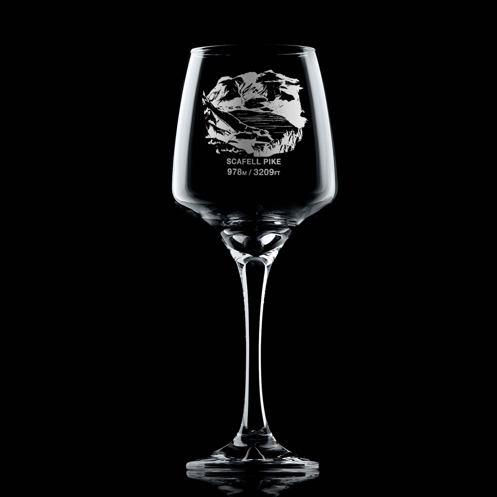 Stemmed wine glass egraved with Scafell Pike, in the Lake District region of Cumbria