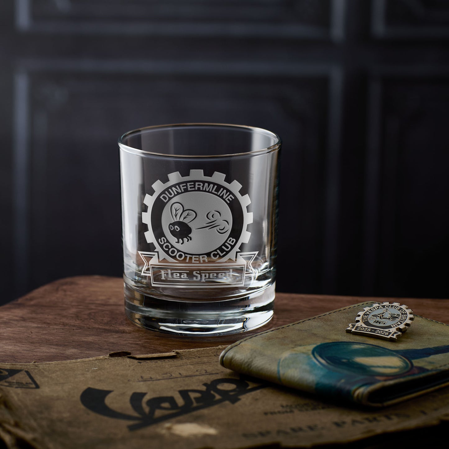 vespa scooter club engraved whisky glass with personalised lambretta font
