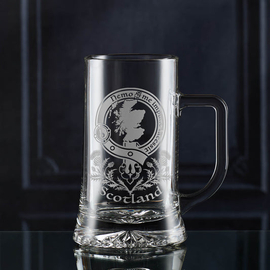 Hand-engraved Clan Crest Tankard with belt and buckle crest, Scottish motto, and thistle engraving and the word Scotland.