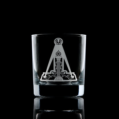 Scottish Constitution Almoner whisky glass engraved with Craft jewel, photographed on black background
