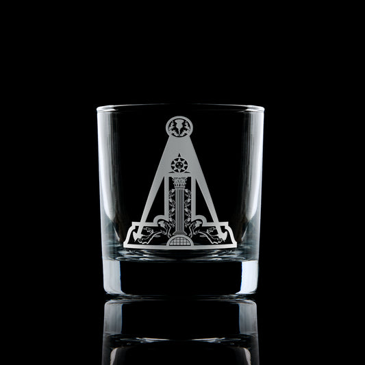 Scottish Constitution Almoner whisky glass engraved with Craft jewel, photographed on black background