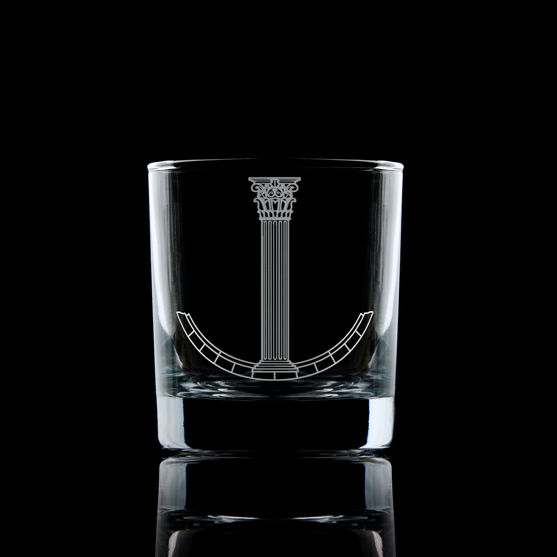 Architect whisky glass with Scottish Constitution Jewel engraving, shown on black background