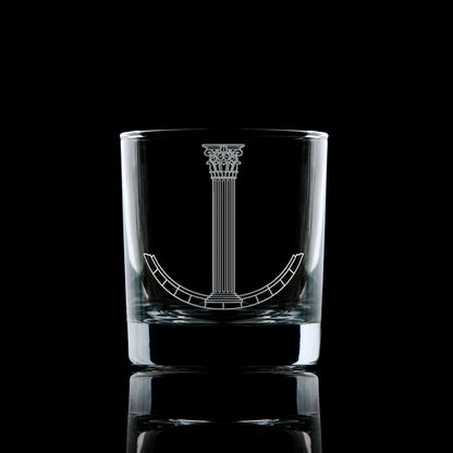 Architect whisky glass with Scottish Constitution Jewel engraving, shown on black background