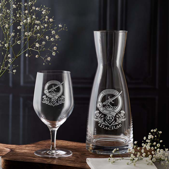 engraved carafe and glass with Celtic designs