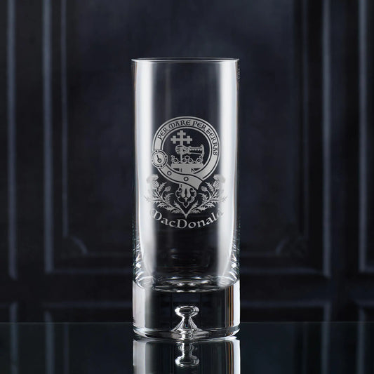 Personalised engraved family clan crest vase featuring Scottish belt-and-buckle crest and motto, handcrafted in Fife studio.